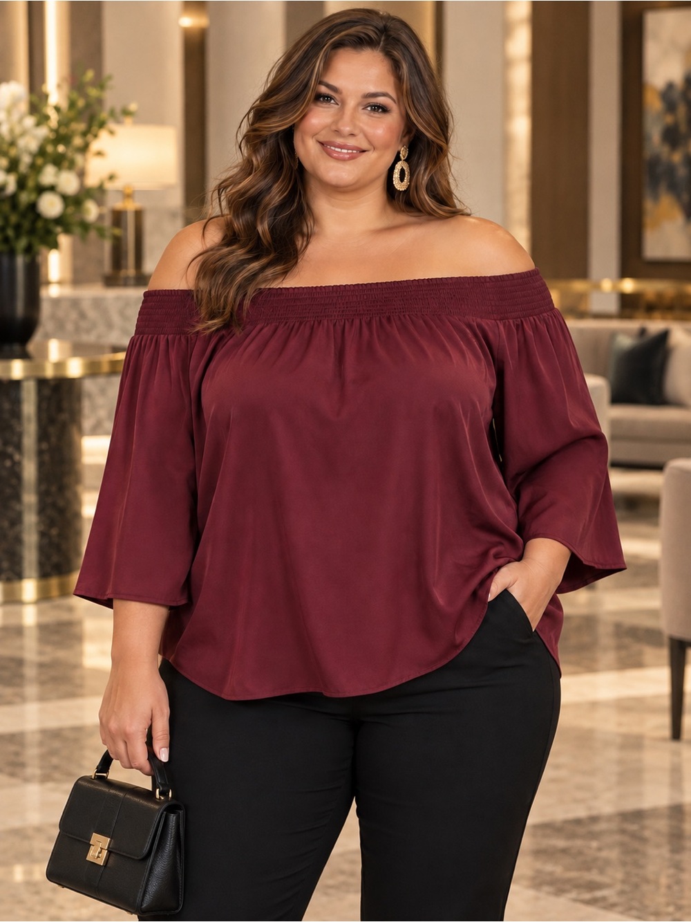 NWOT VIEW by WALTER BAKER Sammy Burgundy Smocked Off Shoulder Boho Blouse Top